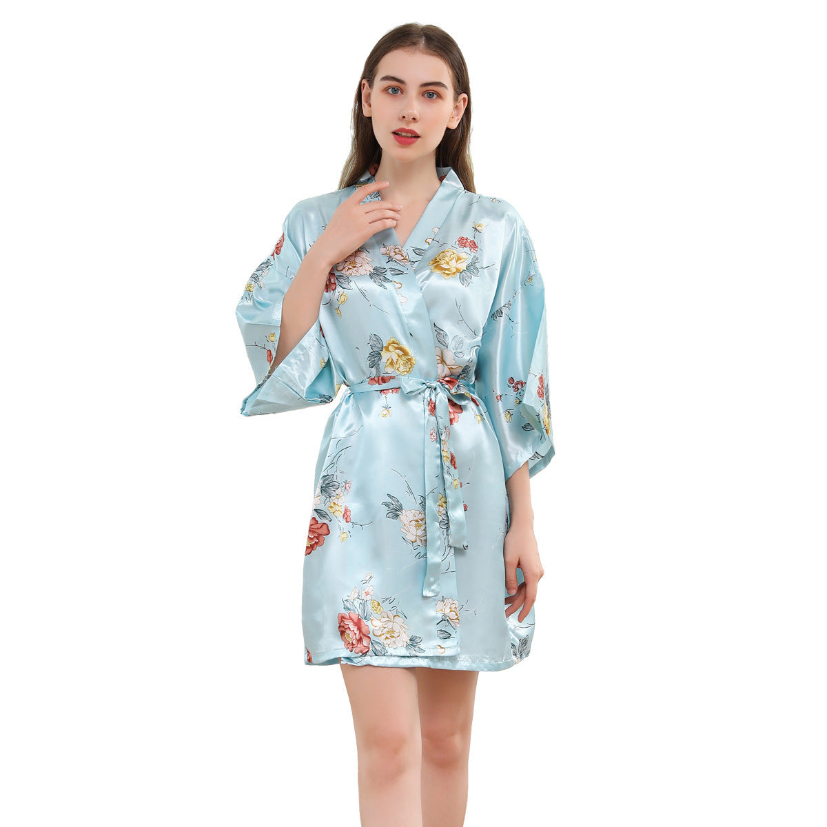 Peignoir Satiné à Motif Floral