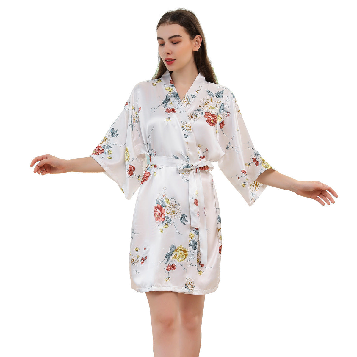 Peignoir Satiné à Motif Floral