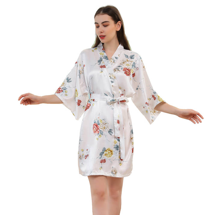 Peignoir Satiné à Motif Floral