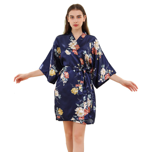 Peignoir Satiné à Motif Floral